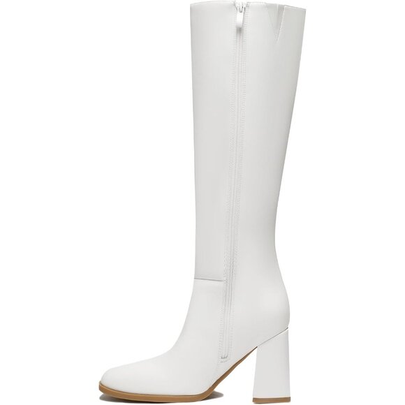 Women's Faux Leather White Square Toe Side Zipper Chunky Heel Knee High Boots - Picture 2 of 6